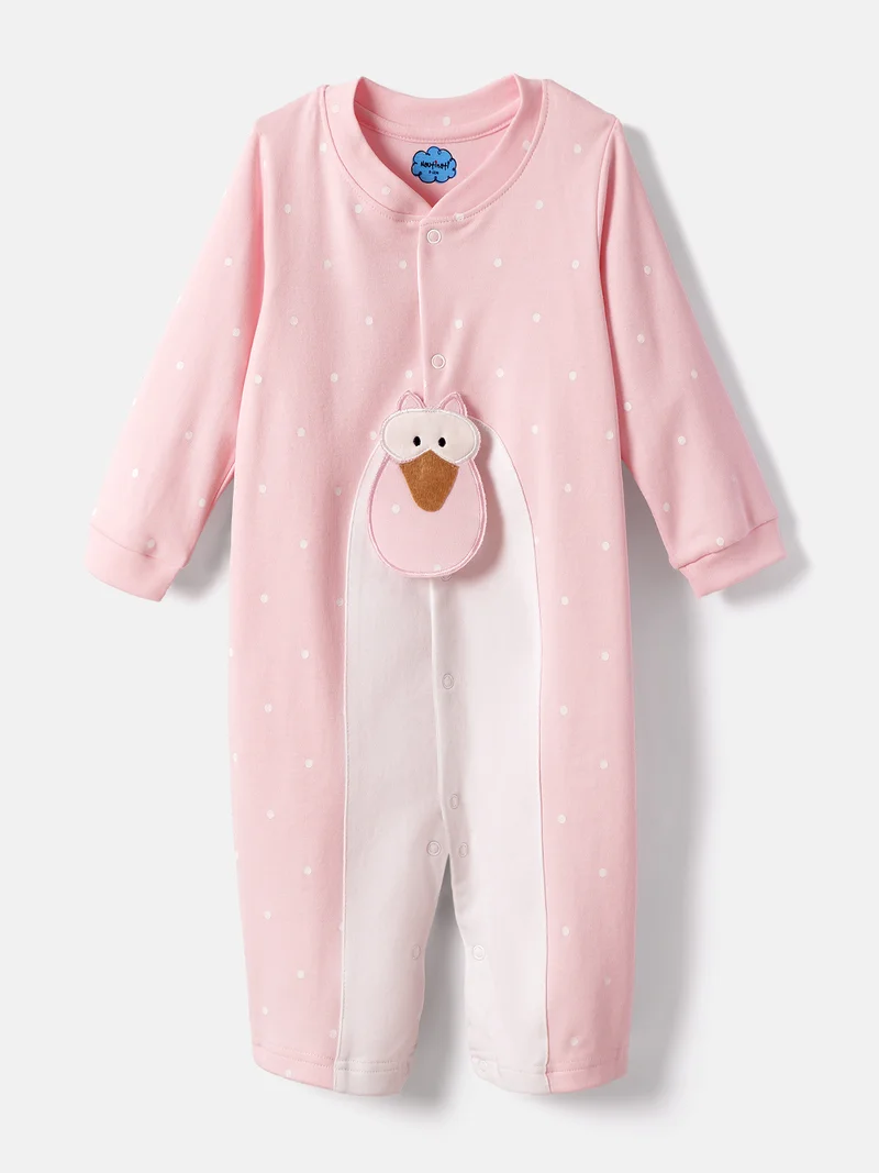 Nautinati Baby Girls' Cotton Polka Printed with Applique and Snap Buttoned Sleepsuit